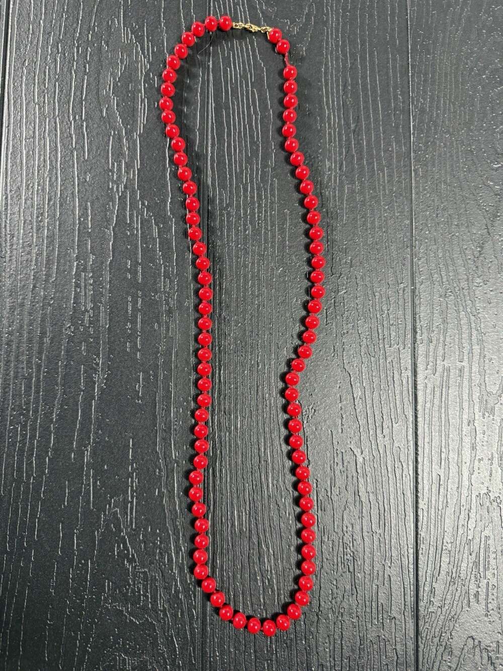 Vintage Signed Monet Red Ceramic Hand Knotted Beaded Necklace
